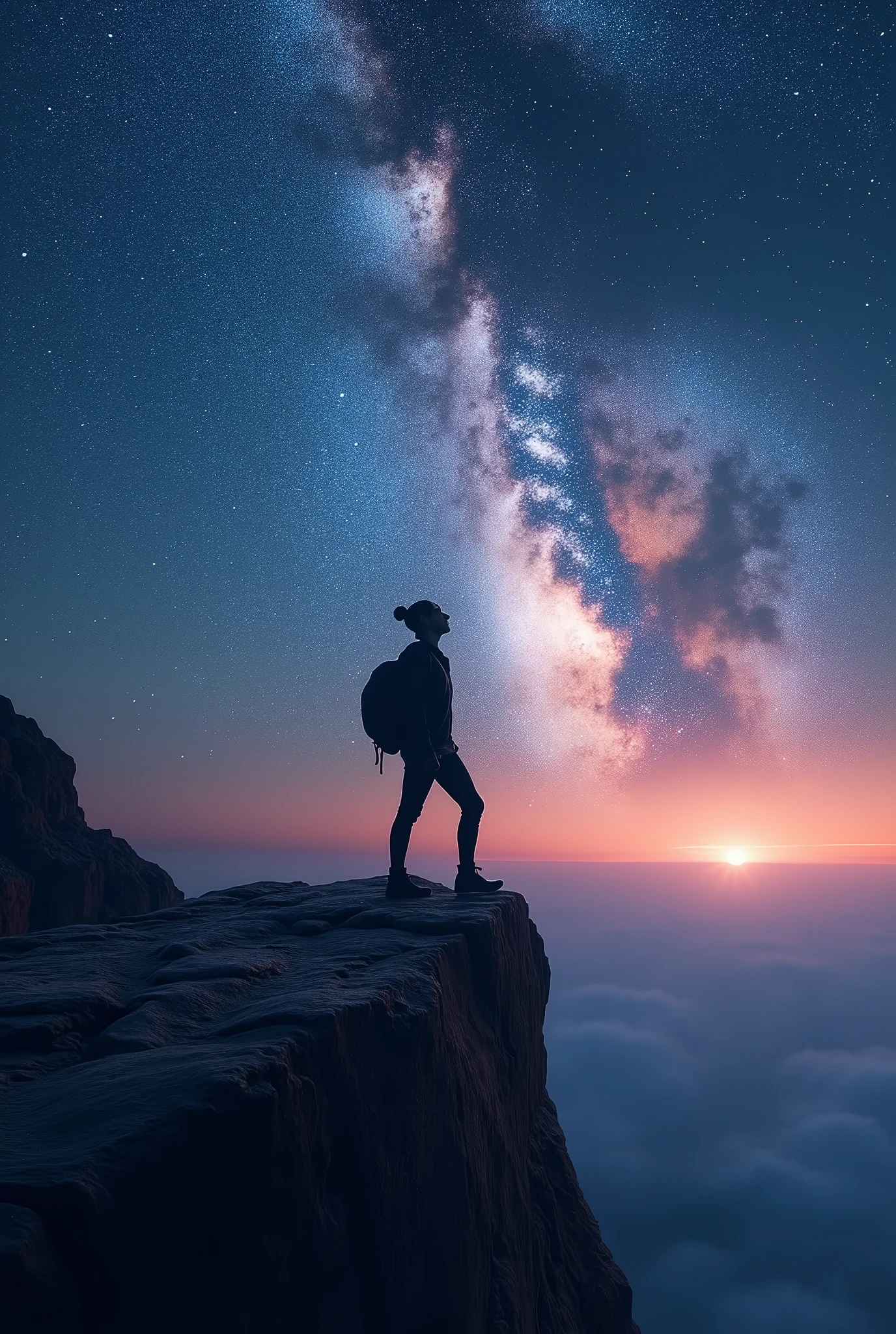 High Resolution Universe、Milky Way、On the Cliff、Traveler gazing at the night sky、Clothes fluttering in the wind、Sea of stars、Black silhouette from directly behind、Twilight Traveler,Outfit of a traveler from another world,Place your right foot on the rock,close-up