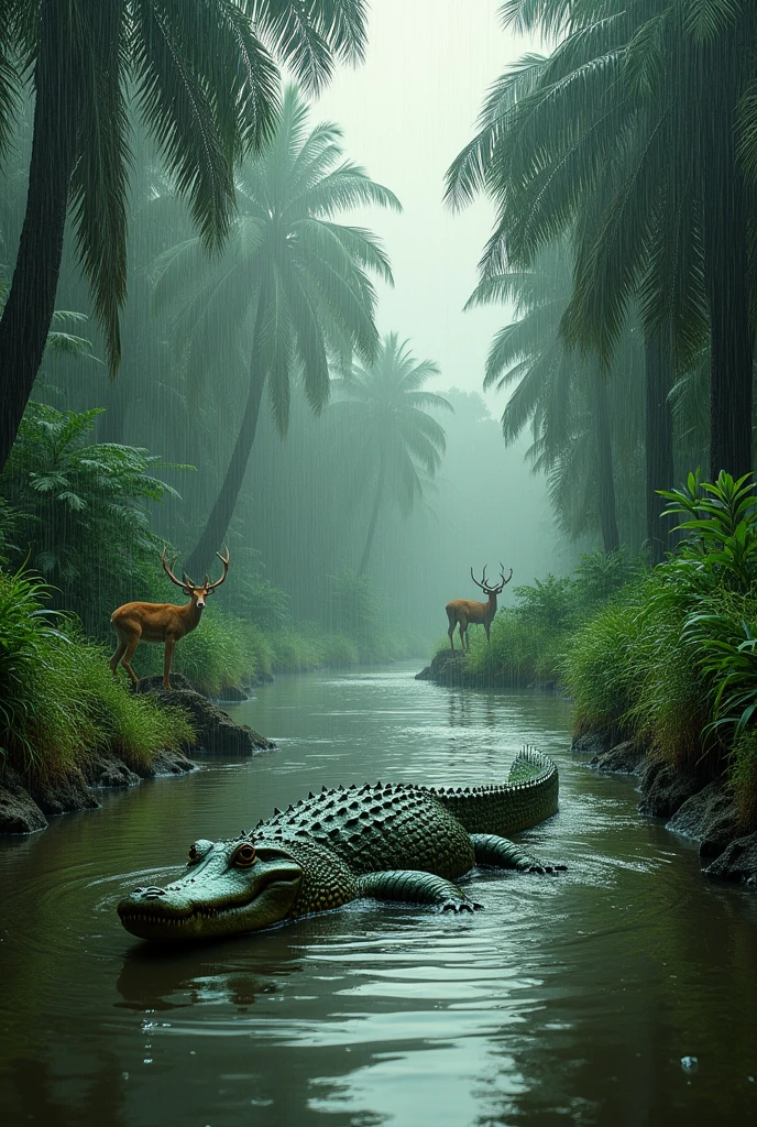 A crocodile swimming to deer in river in rainy day