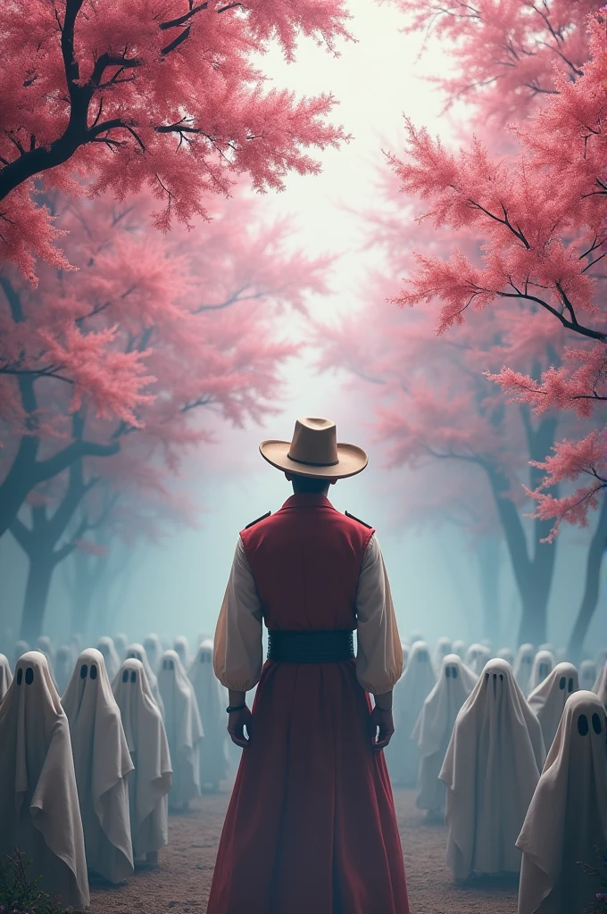8k,extremely detailed CG unit wallpaper, Masterpiece artwork,high resolution,Maximum quality,Maximum quality real texture skin,hyperrealisti,Increase the resolution,RAW Photos,best qualityer,highy detailed,The wallpaper,iluminação cinematográfica break , young man in cowboy outfit background\(Paradise\(The Spring of Peach Blossoms\),in the deep fog,beautiful chinese flowers blooming,(many peach trees),(deep fog:1.5)\),, break ,many hungry ghosts\(below Paradise,looking up\),(deep fog:1.5),(deep fog:1.5),(deep fog:1.5),(deep fog:1.5),(deep fog:1.5),(deep fog:1.5)