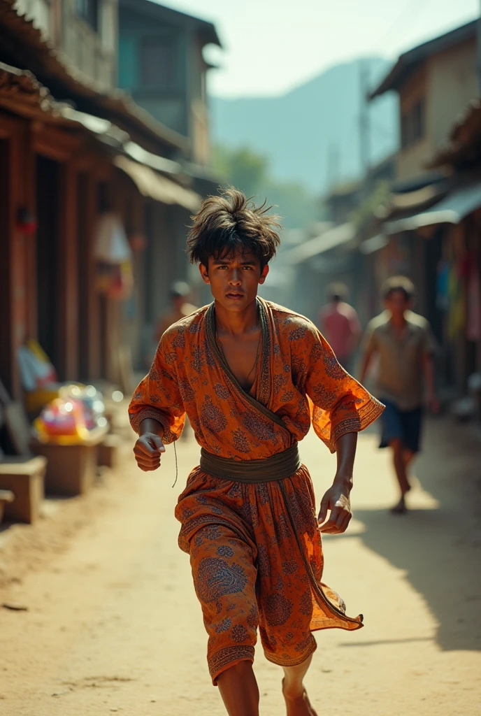 Burmese young man running from chasing In 1980 with Burmese traditional clothes longyi . Not happy at all.