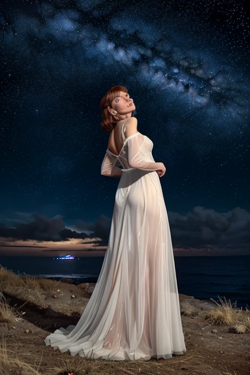 Beverly crusher (age 25, airy sheer white elegant gown), camera low looking up at her butt and a starry sky, a few tiny space ships fly across the sky, lush ocean world
