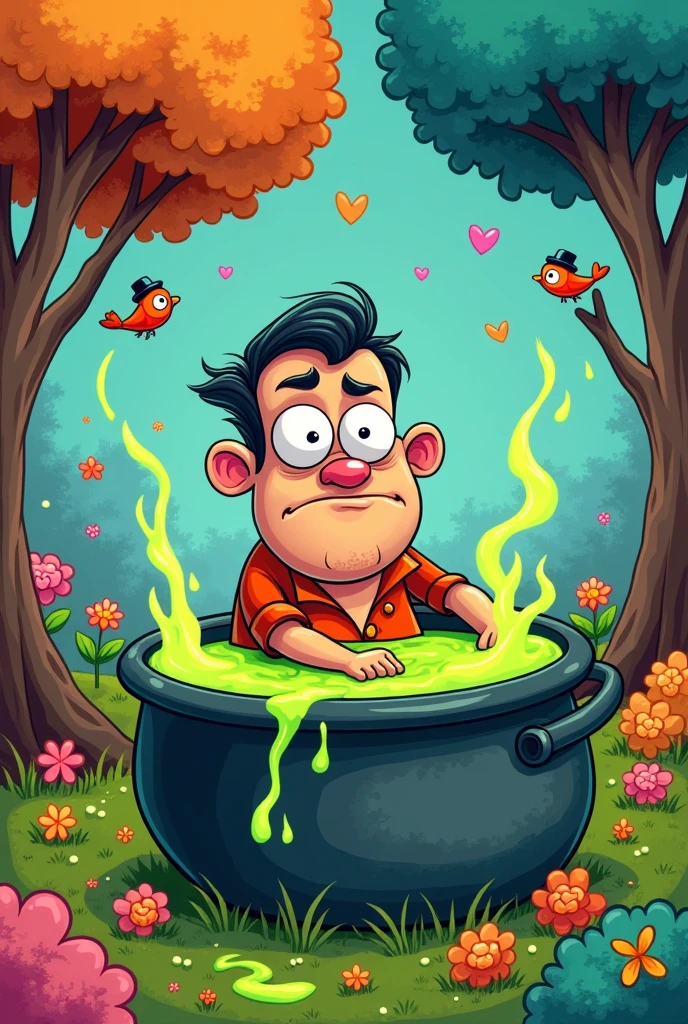 Boiling sad man alive in cortoon