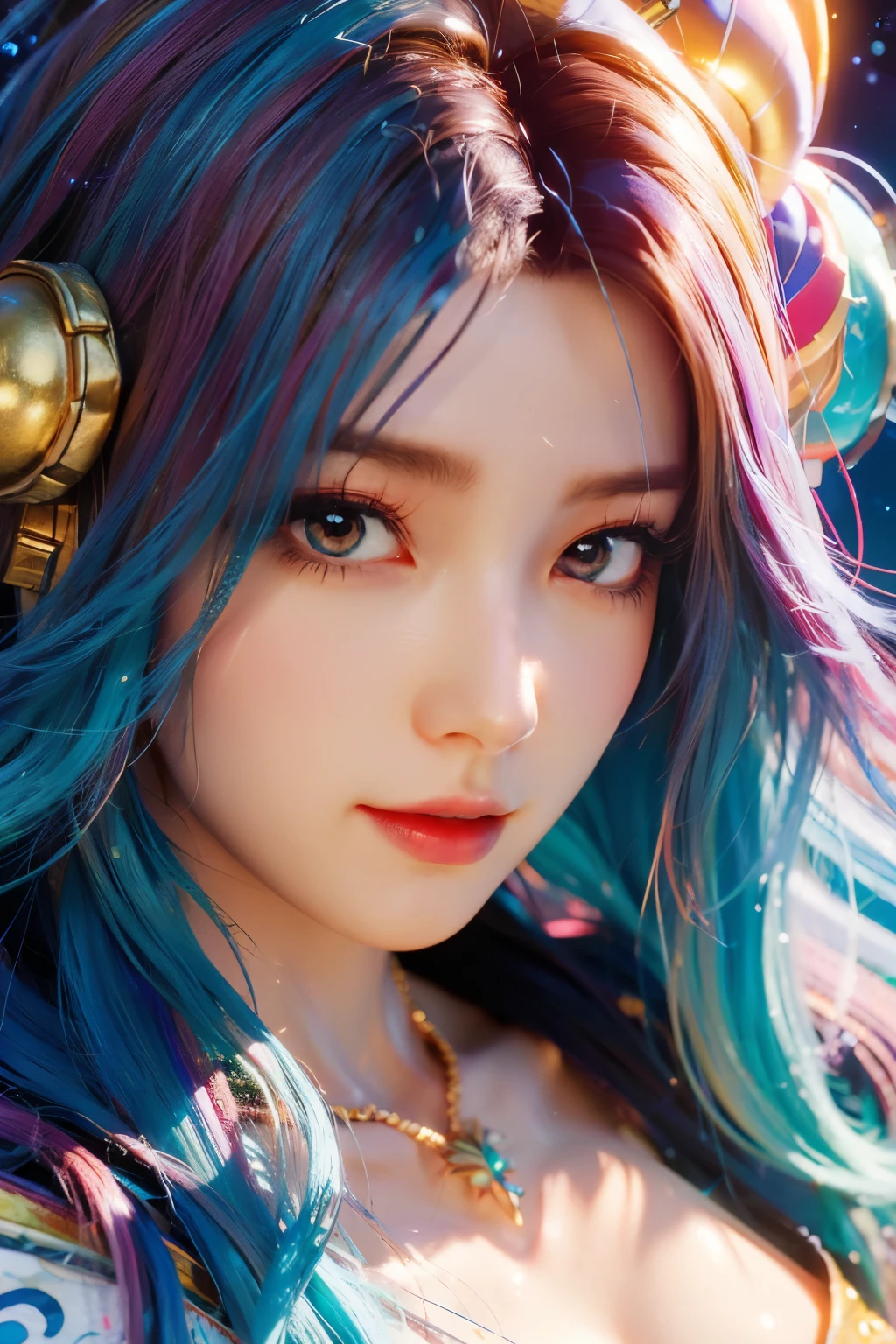 fancy 머리와 목걸이를 가진 여자의 클로즈업, anime girl with space hair, Ross brings a soft liveliness., Works in the style of Gouviz, fantasy art style, fancy], vivid fantasy style, A lively cartoon drawn by Ross, Cosmic and colorful, Guweizu, Colorful digital fantasy art, Amazing art style, beautiful animation style, shiny hair、Close up of face only