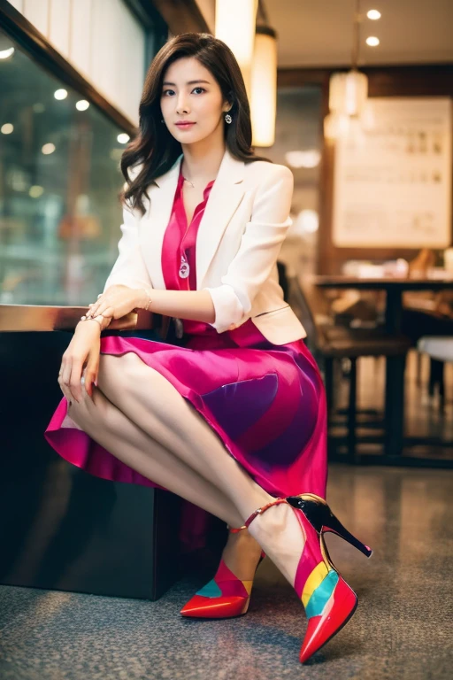 blazer、Business Blouse、(Colorful long skirt:1.3)、Full Body Portrait、silk pantyhose、Sitting、(Both legs and high heels look beautiful.)、1 girl、(Perfect Anatomy, Perfect body, Perfect hands, Perfect Face, Perfect Eyes, Accurate, Anatomically correct), Perfectly clear and sharp focus、Large Breasts、 Modern architecture at night on the background、Professional Lighting、((Highest quality、Ultra-high resolution、masterpiece))