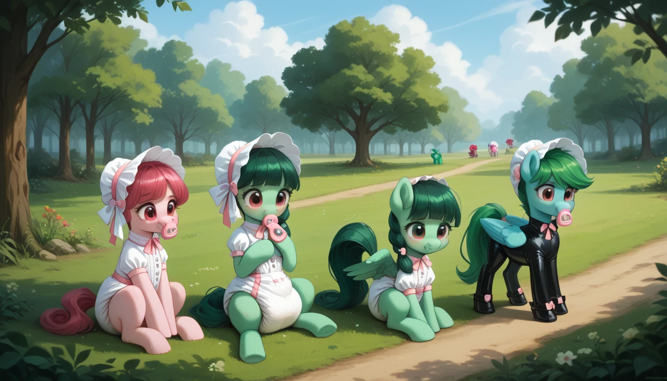 pony, Pegasus, emerald green fur, adult mare, a lush mane, gathered in a bonnet, bushy tail, sitting outside, dressed in an adult size bodysuit and booties, pacifier in mouth, solo, thick diaper under clothes, pink blush on cheeks, Embarrassment, Awkwardness. 