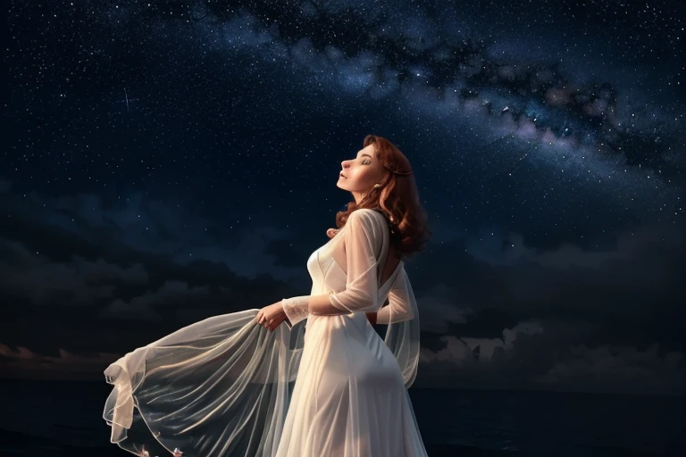 Beverly crusher (age 25, airy sheer white elegant gown), camera low looking up at her butt and a starry sky, a few tiny space ships fly across the sky, lush ocean world
