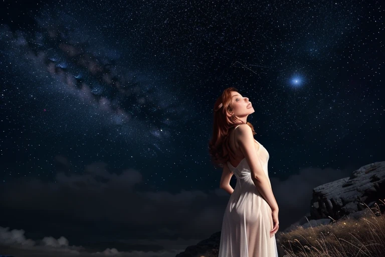 Beverly crusher (age 25, airy sheer white elegant gown), camera low looking up at her butt and a starry sky, a few tiny space ships fly across the sky, lush ocean world
