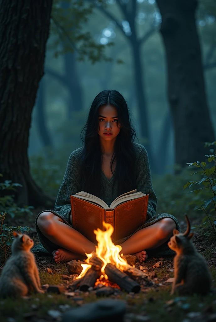 Woman with long black hair is in a forest at night, reading a big book by the campfire. Mythological figures lurk around you