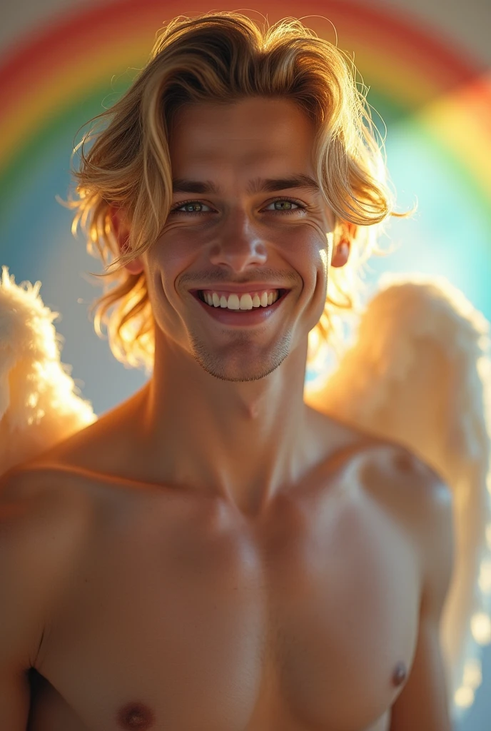 30th Generation、Beautiful Caucasian Man、Mysterious and sexy face、looking at the camera、Image、Beautiful angel wings、Upper body skin?、No beard、Slightly longer blonde hair、Rainbow on background、Smiling，White skin、A soothing face、