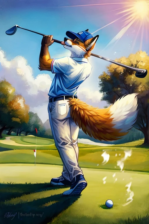 Ultra-realistic, 4k, professional photo, 1male, hot, anthro fox, white polo top, cream chinos, white visor hat, massive tail, thick tail, bushy tail, playing golf, golf swing