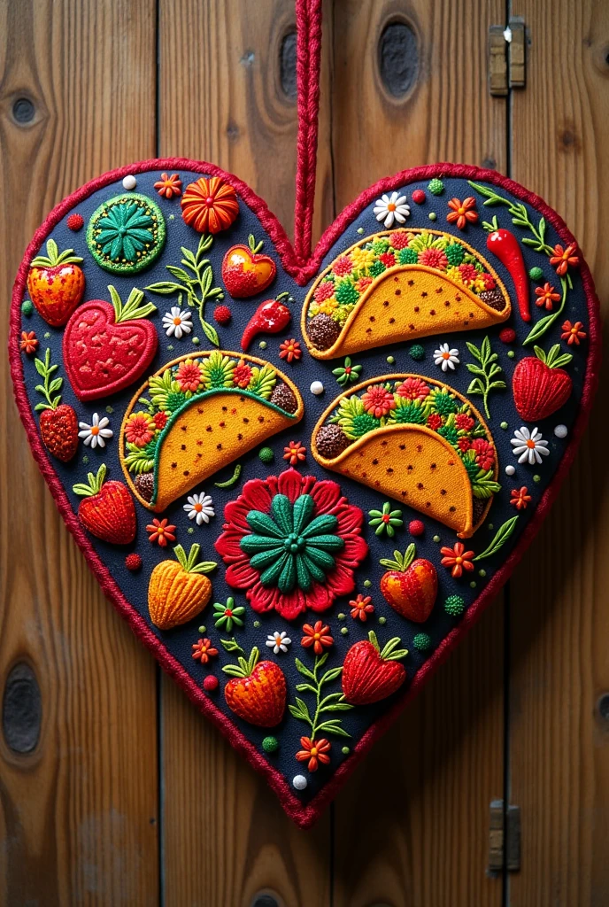 An embroidered heart that has elements of Mexican cuisine