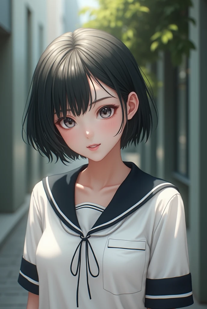 Realistic glowing skin, (sweating:1.4),Stand backwards,Look back at your face,Always look at the camera, (When the uniform gets wet with sweat, it becomes transparent..:1.4),(sweating:1.2)
Classic black and white sailor uniform,Summer clothes,Cold look,Cold Stare,Black Hair,short hair,Tie your hair short,Silky translucent white skin,best Realistic depiction,(Very detailed美しい顔), Great face and eyes, (Highest quality:1.4), (Very detailedな), (Very detailed CG 統合 8k 壁紙), Very detailed, High resolution raw color photos, Professional photography, Realistic portrait,
 (Detailed RAW photos of the girl&#39;s whole body), Canon EOS R5 250mm, Sharp focus, Cinema Lighting,  (No makeup:1.2), Fine skin, Delicate collarbone,Fine texture of the sailor uniform,Very Realistic sailor uniform texture,(Ultra-high resolution:1.6), (Realistic:1.6), 