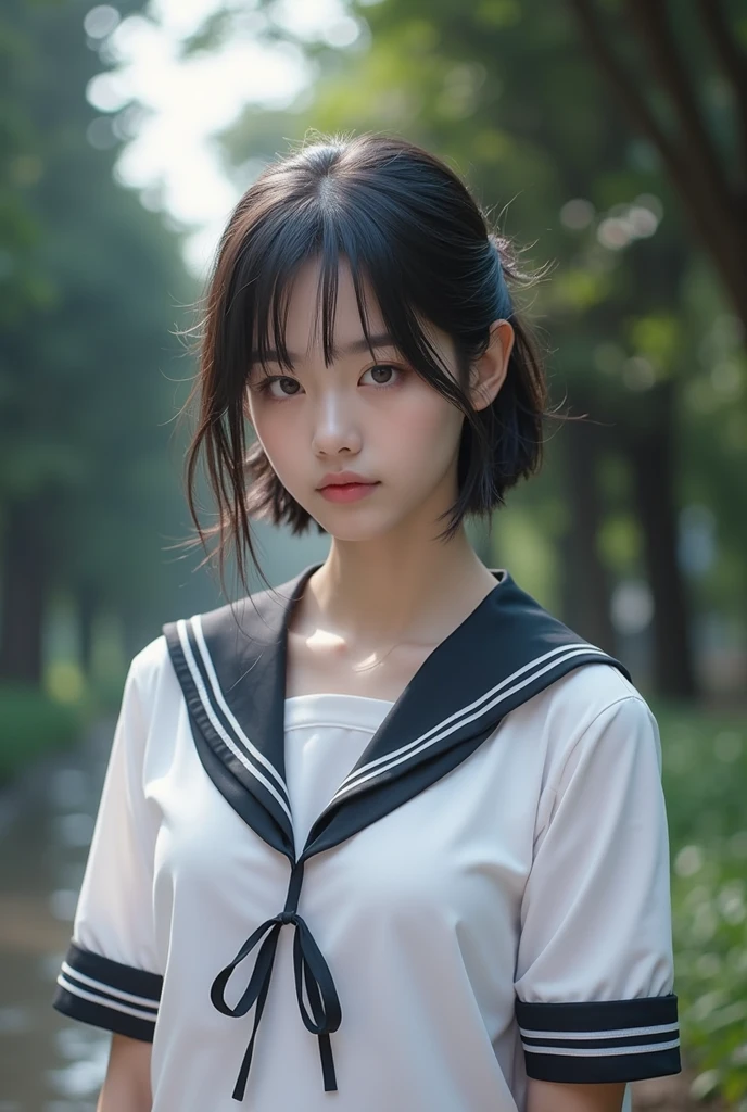 Realistic glowing skin, (sweating:1.4),Stand backwards,Look back at your face,Always look at the camera, (When the uniform gets wet with sweat, it becomes transparent..:1.4),(sweating:1.2)
Classic black and white sailor uniform,Summer clothes,Cold look,Cold Stare,Black Hair,short hair,Tie your hair short,Silky translucent white skin,best Realistic depiction,(Very detailed美しい顔), Great face and eyes, (Highest quality:1.4), (Very detailedな), (Very detailed CG 統合 8k 壁紙), Very detailed, High resolution raw color photos, Professional photography, Realistic portrait,
 (Detailed RAW photos of the girl&#39;s whole body), Canon EOS R5 250mm, Sharp focus, Cinema Lighting,  (No makeup:1.2), Fine skin, Delicate collarbone,Fine texture of the sailor uniform,Very Realistic sailor uniform texture,(Ultra-high resolution:1.6), (Realistic:1.6), 