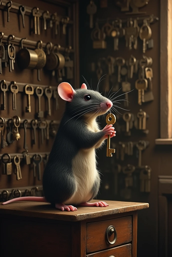 A rat who has a key (holds a key) and the background is the room that stores full of keys, like if he was a landlord. Make it realistic.