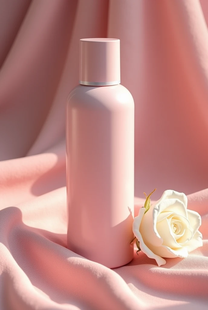 There is a pink bottle,There is a white rose next to the bottle,On pink cloth, Melancholy Rose Soft Light, Memes, Official product photos, soft colors Mononucleosis chromatic, Professional product photography, Official product images, With soft pink, Dramatic product shots, Synthetic biological skin, Mononucleosis, Professional product photos