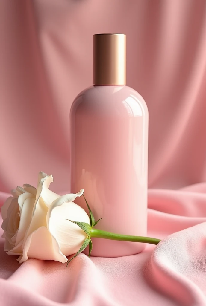 There is a pink bottle，There is a white rose next to the bottle，On pink cloth, Melancholy Rose Soft Light, Memes, Official product photos, soft colors Mononucleosis chromatic, Professional product photography, Official product images, With soft pink, Dramatic product shots, Synthetic biological skin, Mononucleosis, Professional product photos