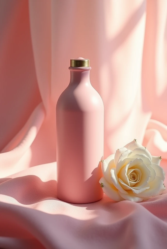 There is a pink bottle,There is a white rose next to the bottle,On pink cloth, Melancholy Rose Soft Light, Memes, Official product photos, soft colors Mononucleosis chromatic, Professional product photography, Official product images, With soft pink, Dramatic product shots, Synthetic biological skin, Mononucleosis, Professional product photos