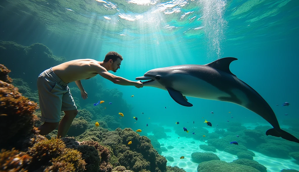 A man puts his hand in a dolphin's mouth、The expressionless face of a human being
