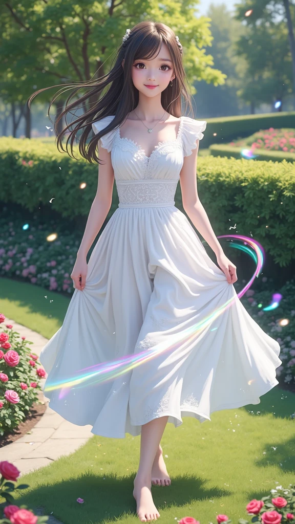 (masterpiece、Highest quality、8k、High resolution)、(One female、Beautiful Face、Beautiful eyes、Beautiful lips、Beautiful nose)、smile、The white upper teeth are faintly visible、Brown-black hair、(The best girl in anime)、garden、blue sky、Colorful flowers are blooming、Vibrant colors、Red roses are beautiful、(Body、whole bodyから神秘的な光の粒子、Colorful light particles、A mysterious light glowing around the head)、melt、jewelry、necklace、dress、(whole body)、Highly detailed anime art、A complete portrayal、