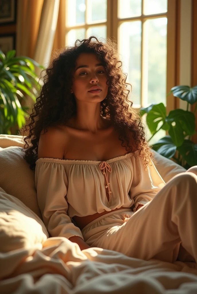 (photorealism:1.2), beautiful woman, sitting on bed, wearing loose off-shoulder top, pajama pants, long curly hair, indoors, soft lighting, plants in background, window with sunlight, cozy room, relaxed pose, realistic, intricate details, warm colors, by Greg Rutkowski, by Alphonse Mucha
