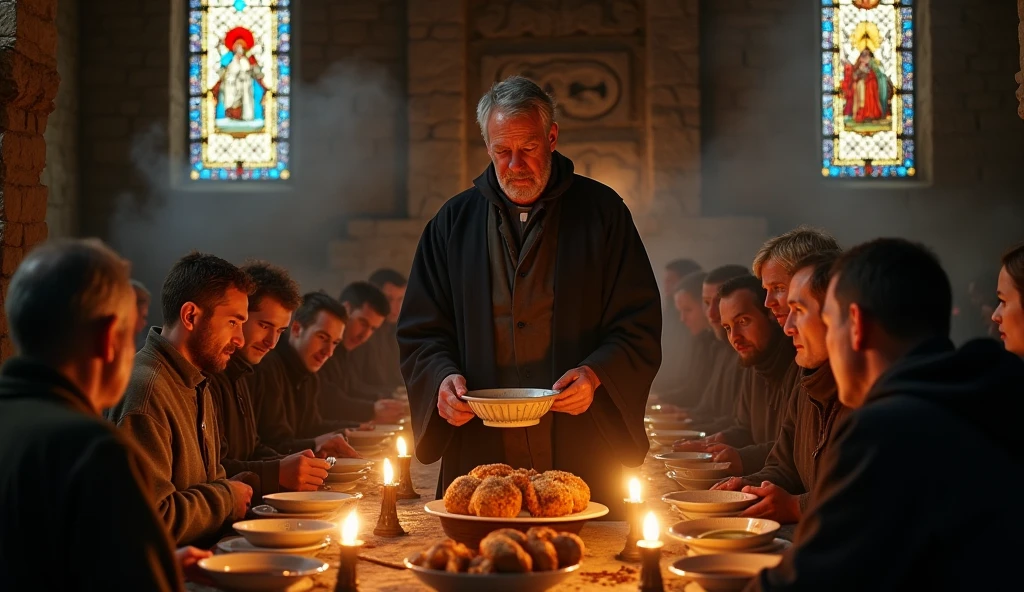 Seven Templar knights in a medieval stone room, sitting around a round wooden table. The table is finely carved with Templar symbols and paté crosses. The knights wear shiny armor and white cloaks with red crosses. Their helmets rest on the table, revealing serious and focused faces. Some knights lean forward, discussing strategies, while others listen attentively. The table is covered with ancient maps, scrolls, and bronze candelabras with lit candles. In the center of the table, there is a silver chalice. The torchlight creates a warm yet serious atmosphere, highlighting the determined expressions of the knights. In the background, Templar banners hang on the walls. The knights’ swords are long and detailed, with decorated hilts. Their shields are propped against the wall behind them, also adorned with red crosses. Medieval stone room, torchlight creating shadows, warm yet serious atmosphere, Templar banners on the walls.Seven Templar knights, shiny armor, white cloaks with red crosses, helmets on the table, serious and focused faces, swords with decorated hilts, shields with red crosses.Round wooden table, finely carved with Templar symbols, ancient maps, scrolls, bronze candelabras with lit candles, silver chalice in the center.