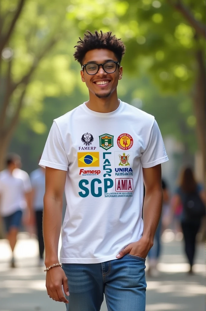 Create an image of a custom White T-shirt that has several prominent Medical School logos such as: usp, Famerp, Unesp, Famema, Unicamp, Unifesp... on the front of the shirt, on the back there will be a sentence that is written "Your spot is mine!!"
