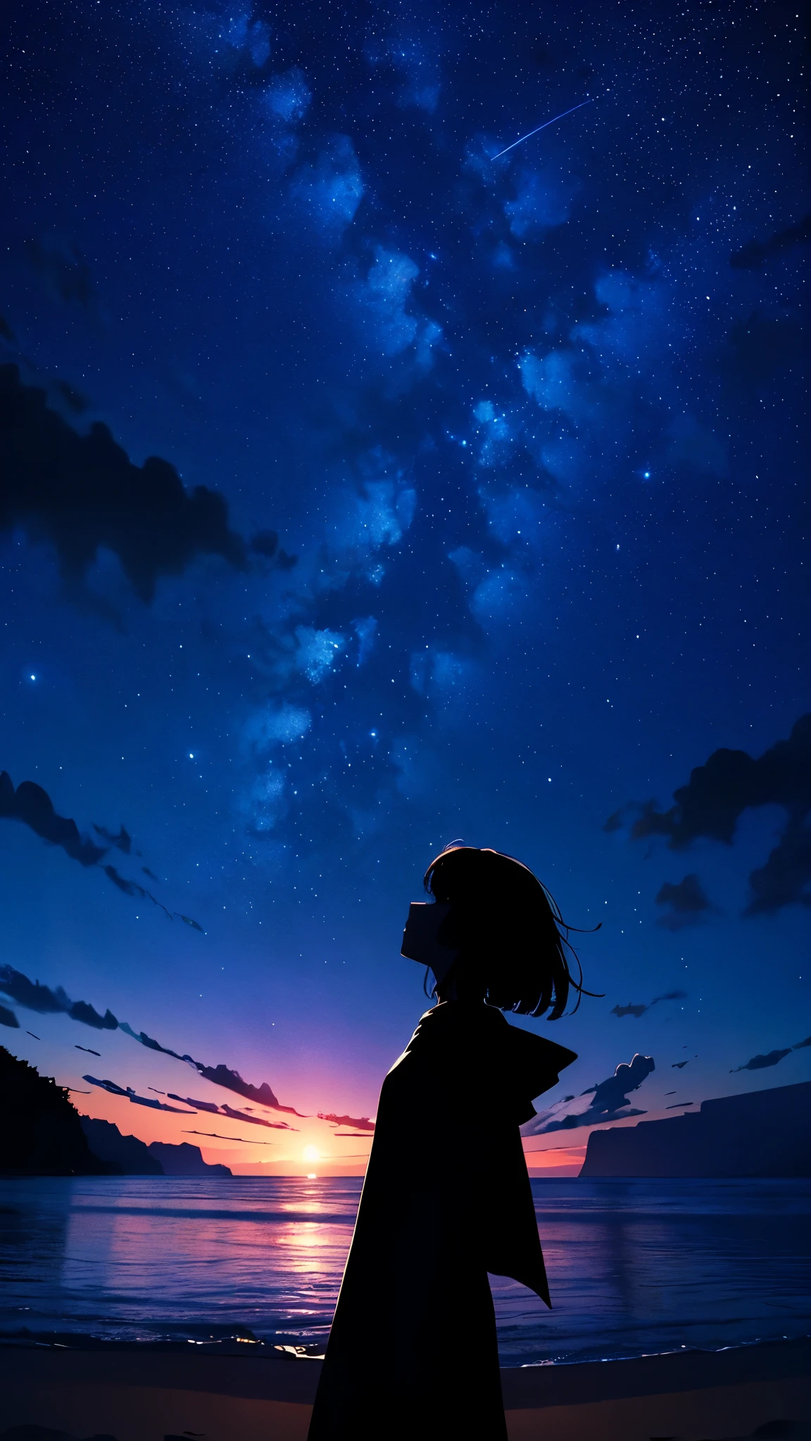 anime、(masterpiece:1.2),(Amazingly absurd:1.2),High resolution,Very detailed,Breathtaking creations,Starry sky themed artwork、White sand beach、Woman looking at the stars、Black silhouette、((Traveler from Another World、Cape))、Gazing at the sky、Beautiful effects、Light production、shooting star