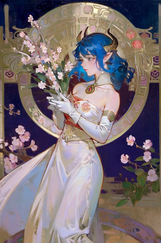 neon, garden, red and blue tones, a girl dressed in a pale white simple silk dress with silver embroidery, a face similar to Daenerys, long white hair, stunning blue eyes, expressive breasts, gold jewelry, delicate face, intricate details, beautiful fantasy setting, 8K, HD, White skin, (Fox ears), Exquisite eyes,Red Eyeshadow, Red lips,Fake laugh, Ukiyo-e, masterpiece, ((high quality)), shirtlift, at the lowest limit, Tiny,White boots，Huge breasts，Bare shoulders，，Lace，Lace stockings，Lace skirt, Art Nouveau Style, poster in a theater, (((art by alphonse mucha))), upper body, blush, profile ,(masterpiece, finely detailed beautiful eyes: 1.2), 1girl, solo, beautiful, small details, ultra detailed, best quality, intricate, sharp, digital illustration, detailed, ((cherry blossoms)), ganyu \(genshin impact\), 1girl, ahoge, bangs, bare shoulders, bell, black gloves, ((light blue hair)), blush, breasts, chinese knot, detached sleeves, flower knot, gloves, (red ram horns), long hair, medium breasts, neck bell, night, outdoors, purple eyes, sidelocks, solo, tassel, white sleeves, ((masterpiece)), curly hair