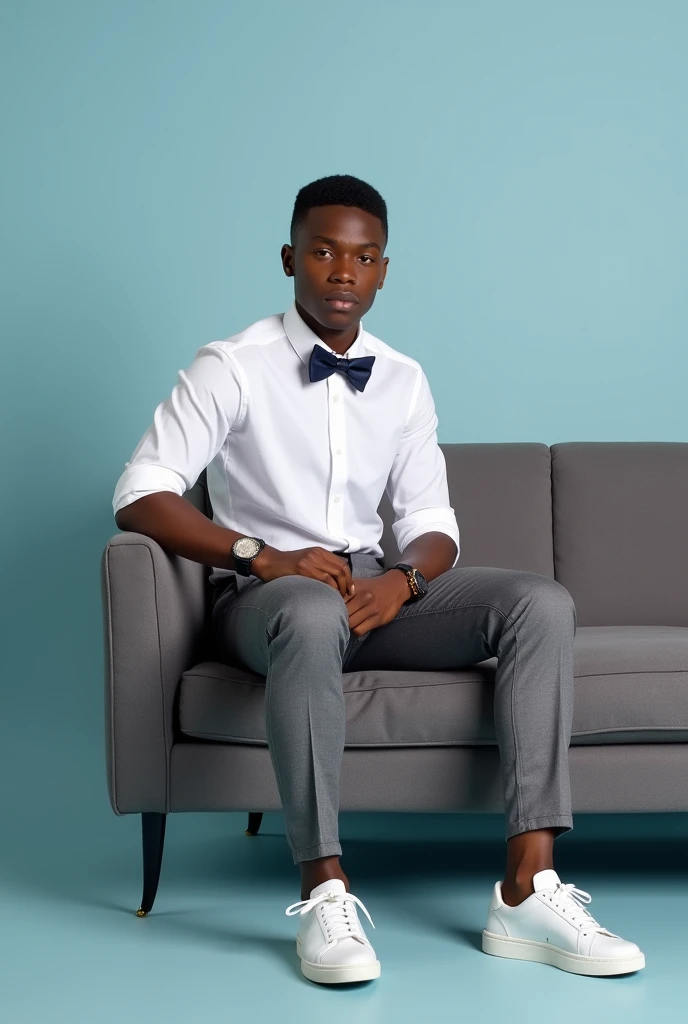 best qualityer:1.4), (ultra high resolution:1.2), (photorrealistic:1.4), (8k, CRU photo:1.2), a thin young man of 20 years old, skin black, with a smooth, beardless face, Short, well-trimmed hair, with lower sides and a slightly fuller top. . He is wearing a white button-down shirt. He is wearing a navy blue bow tie. He is wearing gray dress pants and white sneakers.. He is sitting on the gray sofa. It's in a photography studio with a baby blue background.. .