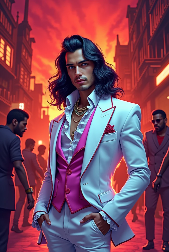 (Hazbin Hotel toon drawing style image) In Hazbin Hotel/Hell, Anthony,a male sinner sport a stylish, flamboyant outfit reminiscent of 80s fashion: a white blazer with vibrant accents, a ruffled shirt, and flashy accessories. HIS hair is shoulder-lenght and voluminous, reflecting the iconic style of the era.
