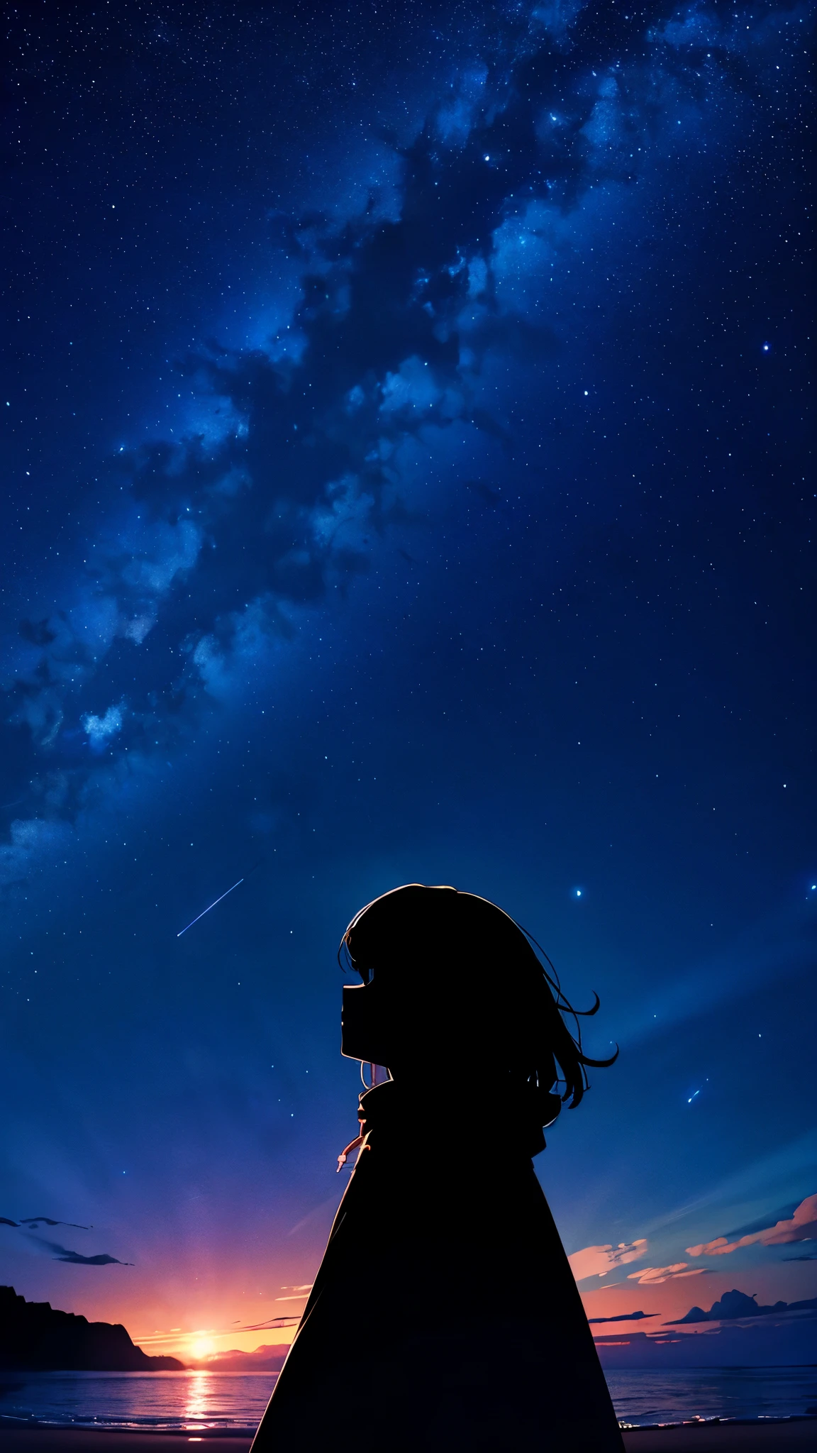 anime、(masterpiece:1.2),(Amazingly absurd:1.2),High resolution,Very detailed,Breathtaking creations,Starry sky themed artwork、White sand beach、Woman looking at the stars、Black silhouette、((Traveler from Another World、Cape))、Gazing at the sky、Beautiful effects、Light production、shooting star