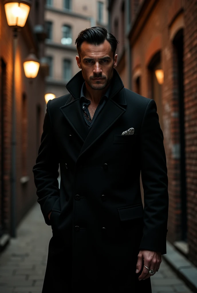generate a mafioso with a black overcoat and short black hair and handsome