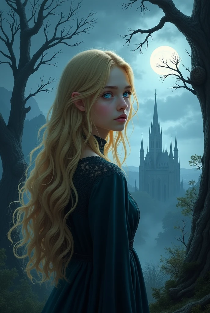 (Extremely detailed CG unity 8k wallpaper,masterpiece, Best Quality, ultra detailed),(better lighting, best shadow, an extremely delicate and beautiful),floating,high saturation,by rubio+blue eyes:1.2,gloomy gothic landscape, by the wide, look into the distance. (A beautiful girl with long blonde hair and bright blue eyes in gothic lighting.)