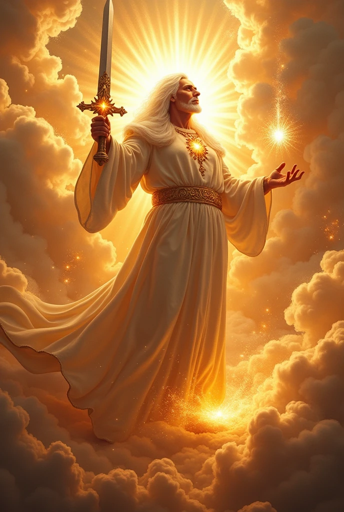 “His head and hair were white like white wool, like snow; the eyes, like a flame of fire; the feet, similar to polished bronze, as if refined in a furnace; the voice, as the voice of many waters. He had seven stars in his right hand, and from his mouth came a sharp double-edged sword. His face shone like the sun in its strength.” Apocalypse