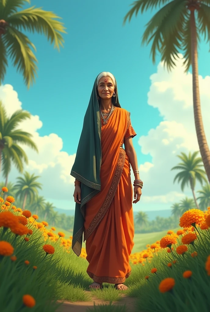 A animated picture of a Indian villager old woman she should be tall and have a expression less face and