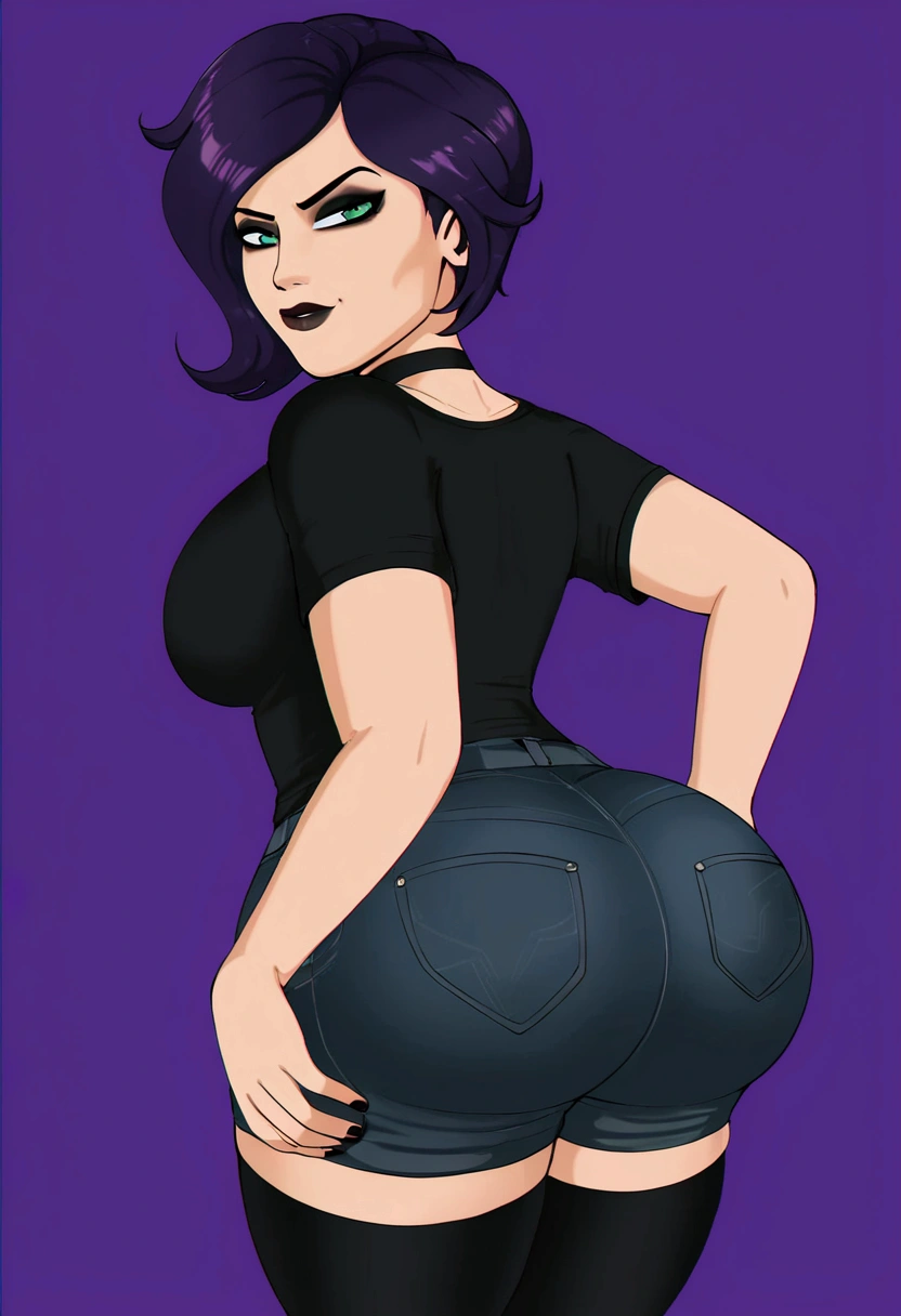 ((Best quality)) ((best detail)) ((high quality background))1 girl, purple hair, black eyeliner, Emerald eyes, black choker, black T-shirt, black denim shorts, black stockings, shows ass