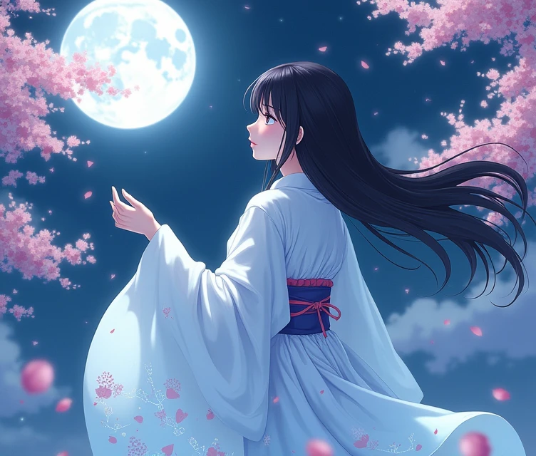anime, anime風, Character portrait, kimono、One person, Long Hair, ghost,Black Hair, Wearing a white cloth