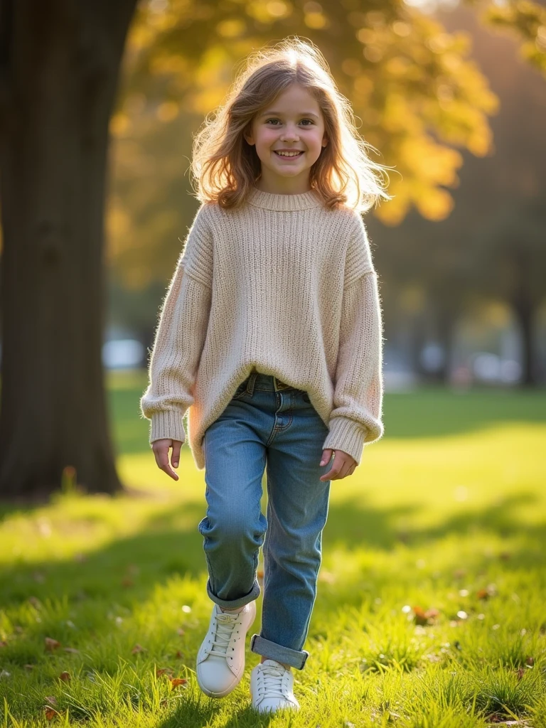 1girl, wearing Oversized sweater with jeans, paired with white sneakers, outdoor, detailed, sun light