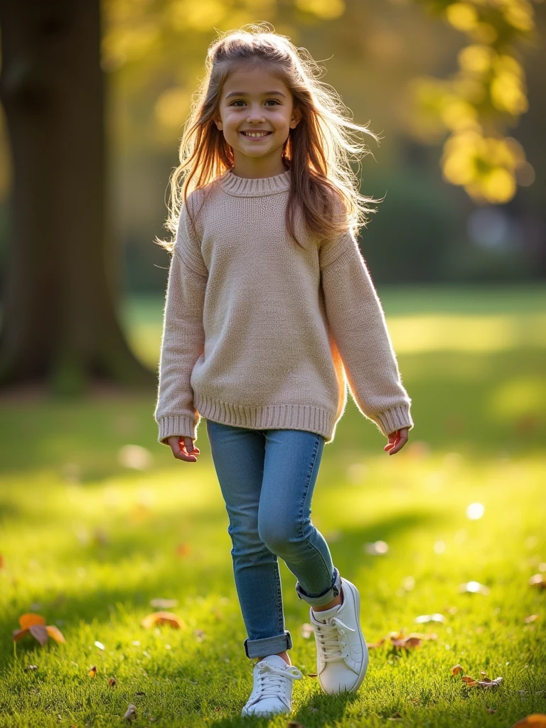 1girl, wearing Oversized sweater with jeans, paired with white sneakers, outdoor, detailed, sun light