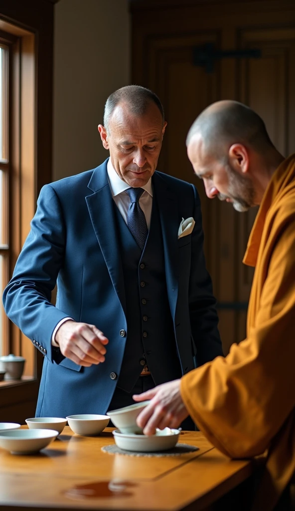 The wealthy man, now visibly frustrated, raises his hand slightly as if to stop the monk. His expression is one of shock and frustration as he stares at the overflowing cup. The monk, still calm, pauses mid-pour and looks at the man with a gentle, understanding expression. The spilled tea forms a small puddle on the table, reflecting the light from the room.
The monk is bold, and clean shaved.
The wealthy man have black hairs, and clean shaved and he is wearing blue three peace suit.