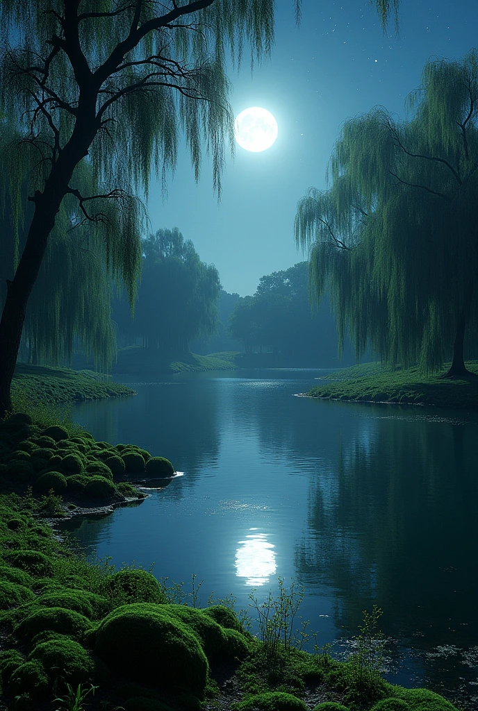 Large round lake in the forest with moss at night. Full moon in the sky. Many weeping willows in the background. 