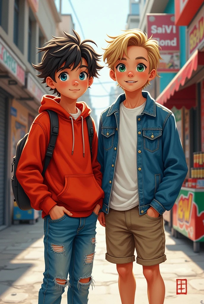 it's two men, teenagers, of the same height. make the art horizontally.