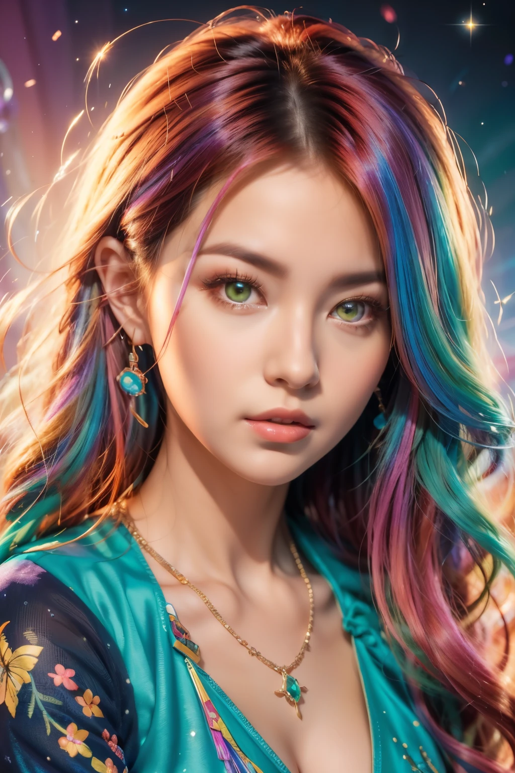 fancy 머리와 목걸이를 가진 여자의 클로즈업, anime girl with space hair, Ross brings a soft liveliness., Works in the style of Gouviz, fantasy art style, fancy], vivid fantasy style, A lively cartoon drawn by Ross, Cosmic and colorful, Guweizu, Colorful digital fantasy art, Amazing art style, beautiful animation style, shiny hair、Close up of face only