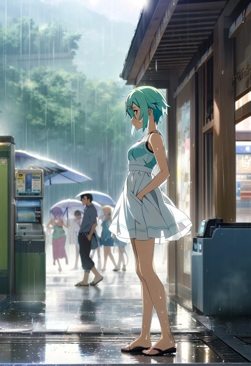 1girl, sinon, sword art online,full body,stand,from side,looking away,clear face,closed mouth,sundress,wet,see through,sports bra,striped panties,japanese station,medium shot,crowd,sunlight,rain,