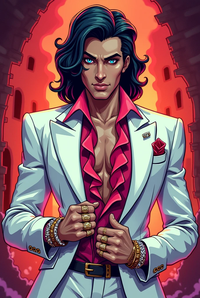 (Hazbin Hotel toon drawing style image) In Hazbin Hotel/Hell, Anthony,a male sinner sport a stylish, flamboyant outfit reminiscent of 80s fashion: a white blazer with vibrant accents, a ruffled shirt, and flashy accessories. HIS hair is shoulder-lenght and voluminous, reflecting the iconic style of the era. 

