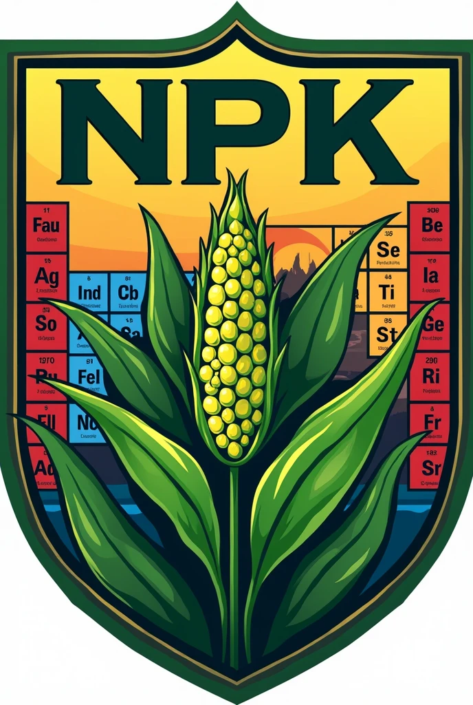 Create a football shield for a team called NPK, with a soybean plant as a symbol and the table of elements in the background