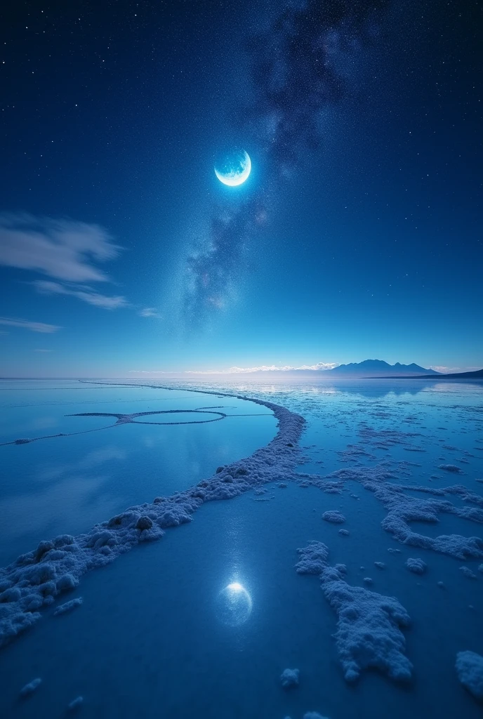 Highest quality、masterpiece、Film Grain、Ultra-high resolution、Galaxy reflected in the Uyuni Salt Flats、(((blue Starry Sky:1.5)))、blue crescent moon :0.1、