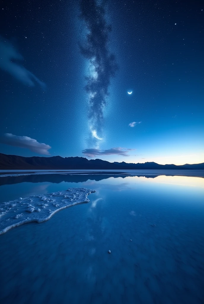 Highest quality、masterpiece、Film Grain、Ultra-high resolution、Galaxy reflected in the Uyuni Salt Flats、(((blue Starry Sky:1.5)))、blue crescent moon :0.1、