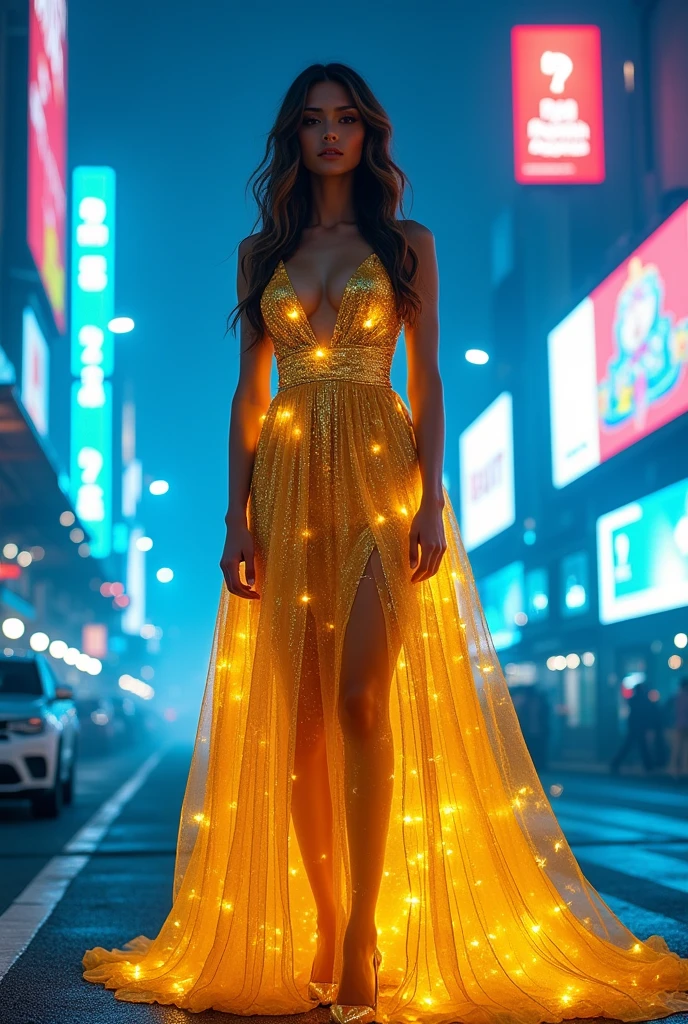 golden lady background neon blue