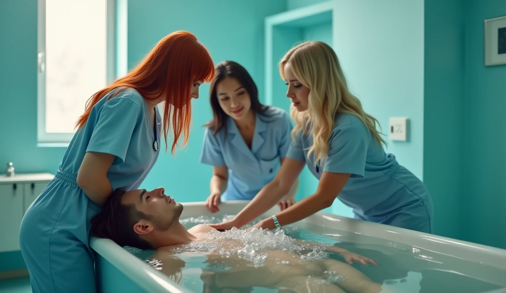 ultra realistic, photography, three girls: one with long straight red hair, (24 years old, hourglass figure, perfect body, natural medium breasts), the second one: long black straight hair, (30 years old, tanned skin, hourglass figure, perfect fit body, natural big breasts), the third one with long straight blonde hair, (wavy elegant hair, blue eyes, perfect round lips, 22 years old, gorgeous face, voluptuous figure, perfect fit body, big enhanced breasts), they are wearing sexy nurse outfits with great cleavage, perfect round cleavage,, they have perfect round cleavage, great cleavage, they are sexy nurses in a hospital, they are bathing a handsome man, he is 30 years old with brown short hair, he is naked in the bathtub